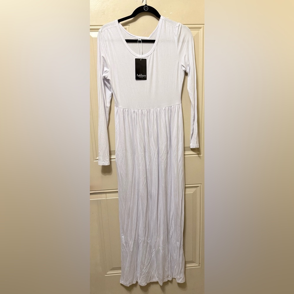 Asklazy Long Sleeved White Maxi Dress Gathered Waist Size Medium